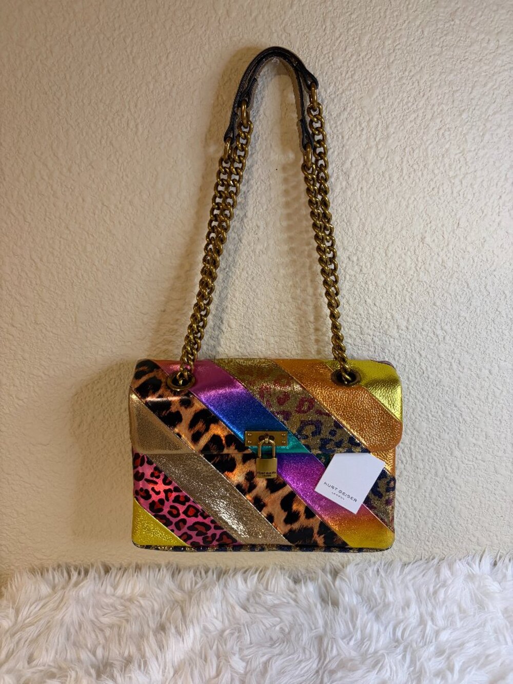 Kurt Geiger Brixton Rainbow Leopard Lock Metallic Chain Shoulder Bag NWT